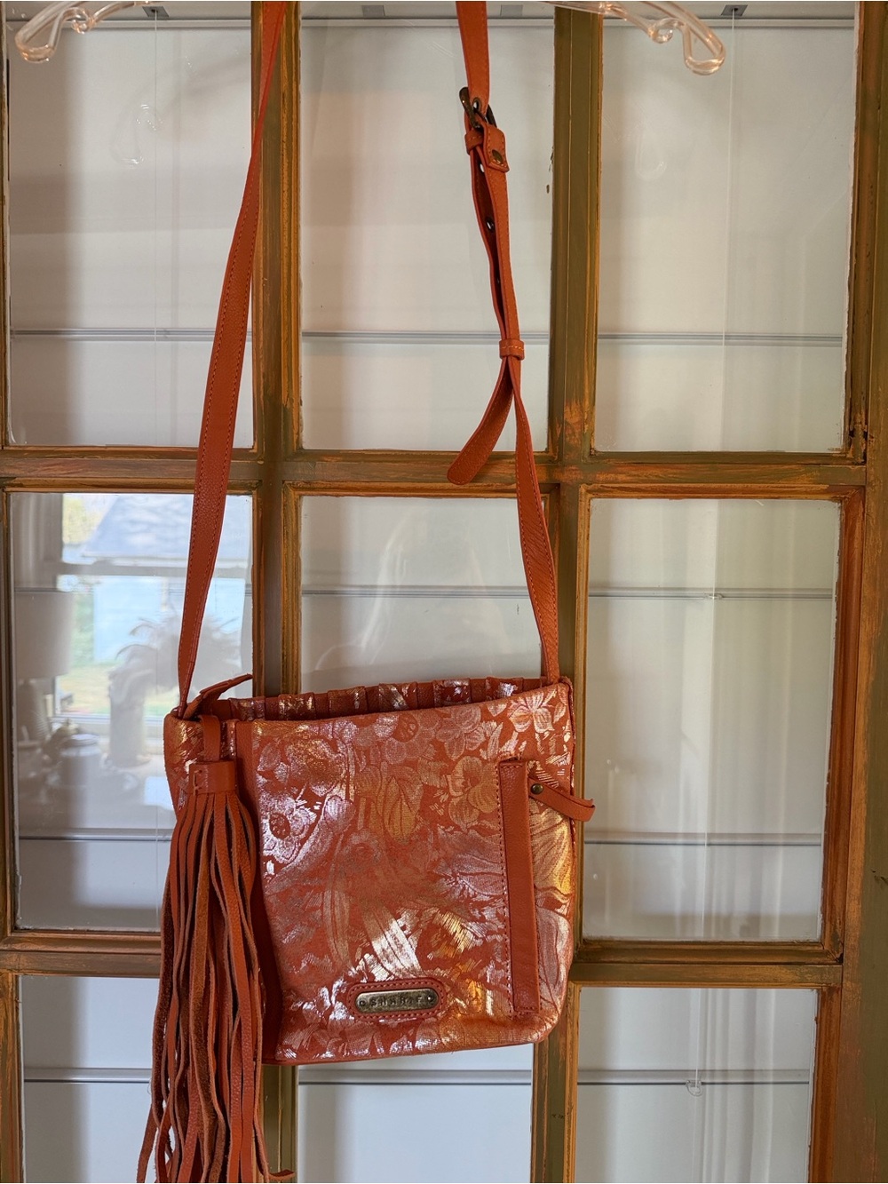 Sharif. New Leather Women's Orange Boho Fringe Crossbody Bag with Coin Pouch